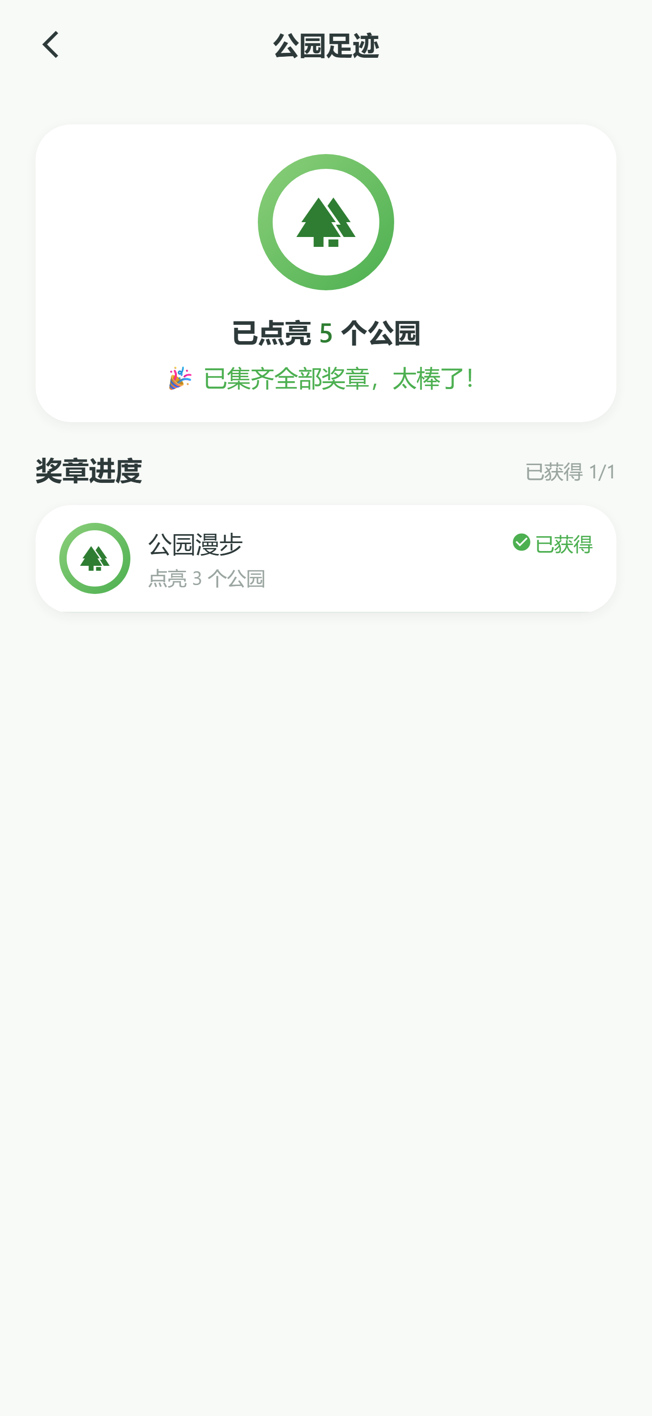 公园足迹：已点亮 5 个公园